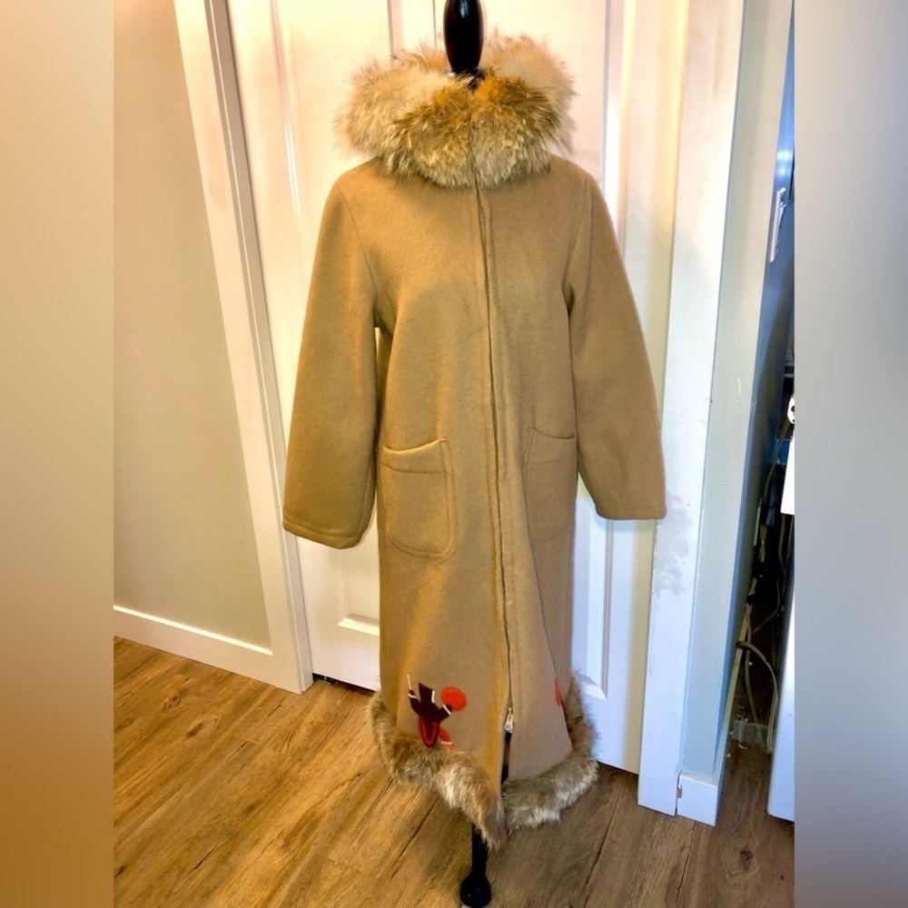 𝅺Vtg Inuvik Parka Enterprise Virgin Wool Fur Trim Beige Long Parka Sz 12 / M - Picture 6 of 15